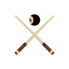flat design of of two crossed billiard cues and an 8-ball on a white background. The cues are brown with lighter brown tips and dark brown handles, Centered above their intersection is a black 8-ball