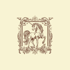 Vintage engraving illustration of a rearing Unicorn in a decorative ornate floral frame