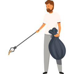 Man Cleaning Up Litter With A Trash Grabber And Holding A Full Garbage Bag In A White Background
