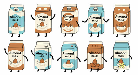 Almond milk carton characters with waving arms