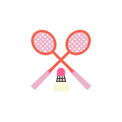 flat design of two badminton rackets with a shuttlecock.The rackets have pink faces with a grid pattern, dark frames, and pink handles. The shuttlecock has a pink base and white or light feathers