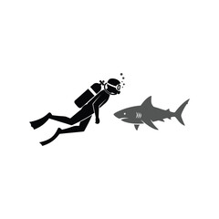 Silhouette diver swims near silhouette shark underwater ocean marine life adventure danger vector
