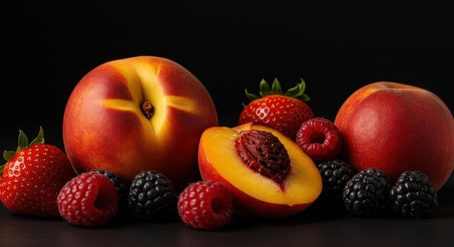 Close-up of ripe, juicy summer peaches and berries glistening under warm golden light, evoking intense seasonal nostalgia and sweet sentimentality ,nostalgic ,holiday ,yellow