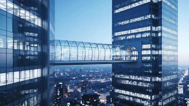 Modern architectural marvels featuring a skybridge connecting two towering skyscrapers in a bustling metropolis at dusk, highlighting urban development