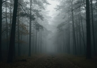 Obraz premium Overcast, moody atmosphere engulfing a dense woodland. Muted colors and thick fog create a mysterious, desolate natural environment ,bleak ,branches ,fog