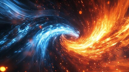 Obraz premium cosmic portal made of radiant defocused star lights, abstract swirling lines of fire and ice hues, visual representation of good versus evil, cold meeting hot in a dramatic light clash, digital data