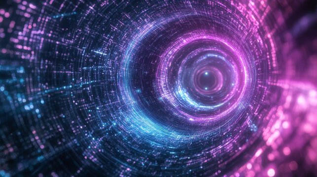 Cybernetic tunnel vortex with flowing data streams, holographic numerical sequences, perspective vanishing point, electric blue and violet energy waves, digital reality portal, volumetric light