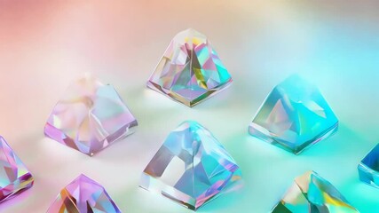 Iridescent crystals in various shapes and forms, against a gradient background - Powered by Adobe