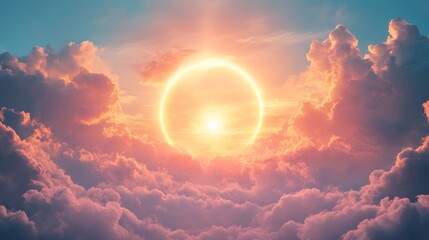 glowing archway standing in the sky among soft layered clouds, sun beaming behind with a radiant halo effect, serene and holy composition in pastel dawn palette