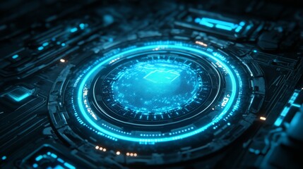 glowing holographic portal with concentric digital rings and neon blue highlights, floating in dark sci-fi environment, high-tech HUD interface elements surrounding circular platform