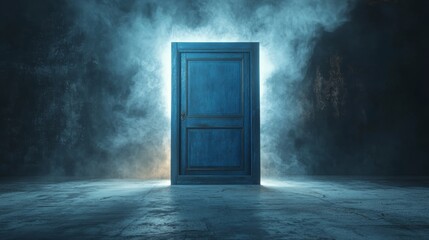 isolated old door painted blue centered inside a clean geometric cube, abstract mist and light particles suggesting a magical climate shift, minimalistic background with copy space