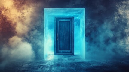 isolated old door painted blue centered inside a clean geometric cube, abstract mist and light particles suggesting a magical climate shift, minimalistic background with copy space