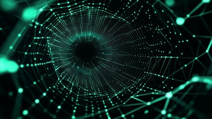 Intricate wireframe vortex with hexagonal tessellation pattern, pulsating emerald neon outlines against absolute black, digital noise texture overlaid on structure, mathematical coordinate systems