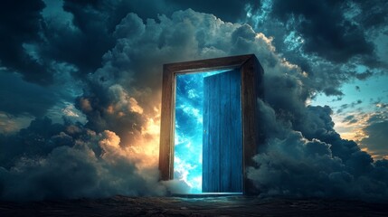 magical portal concept featuring old blue wooden door inside a wooden box, storm clouds parting behind to reveal a bright sunny sky through the door, message of hope and climate change
