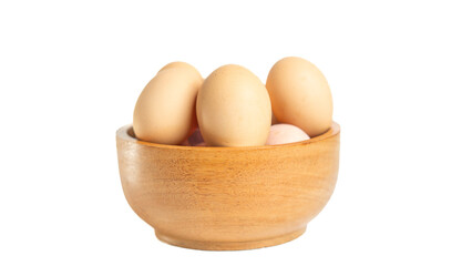 Chicken eggs on the wooden bowl. Isolated eggs on white background