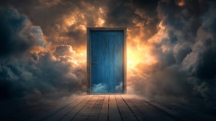 magical portal concept featuring old blue wooden door inside a wooden box, storm clouds parting behind to reveal a bright sunny sky through the door, message of hope and climate change