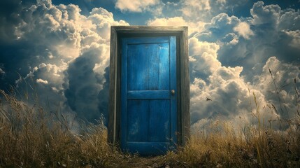 magical portal concept featuring old blue wooden door inside a wooden box, storm clouds parting behind to reveal a bright sunny sky through the door, message of hope and climate change