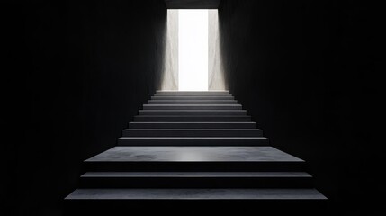 Minimalist concrete steps rising through absolute darkness, distant keyhole portal emitting powerful white light, silhouette effect, architectural precision, dream-like perspective, negative space