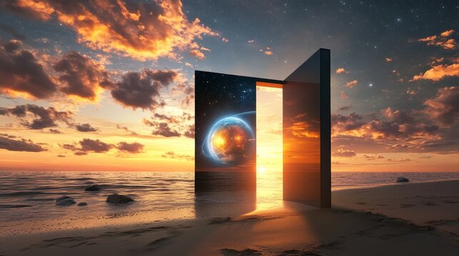 Minimalist modern doorframe positioned on serene beach at sunset, opened to reveal spectacular cosmic view with planets and stellar formations, sand transitioning to stardust at threshold,