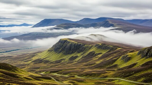 Scenic view of mountains with fog and clouds in the scottish highlands