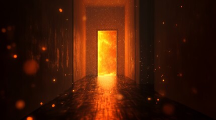 surreal hallway with floating particles leading to a slightly open glowing door, contrast between darkness and warm light suggesting the threshold of a new world