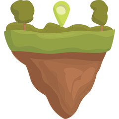 Floating Island Landscape with Green Trees and Location Pin Marker Overhead against a Neutral Background
