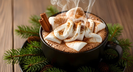 Hot chocolate with marshmallows and cinnamon in festive Christmas cup
