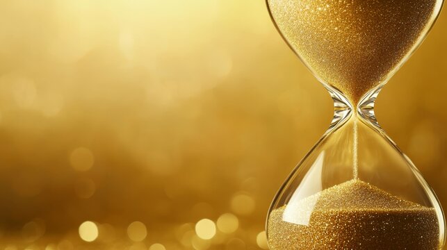 symmetrical hourglass closeup with golden-beige sand falling, warm ambient lighting, empty background in same color palette, emotional representation of fleeting time