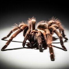 Close Up of a Hairy Brown Tarantula Spider with Visible Fangs on White Surface