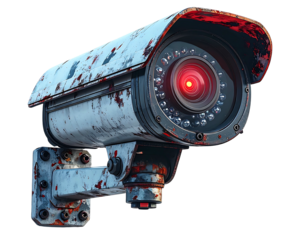Weathered security camera against a black background. Isolated object with visual imperfections & a menacing red lens