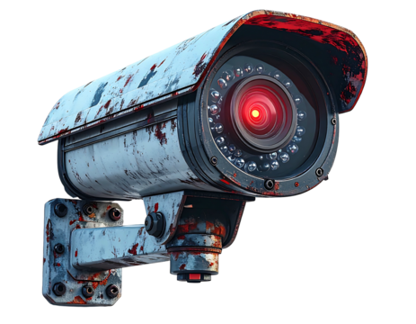 Weathered security camera against a black background. Isolated object with visual imperfections & a menacing red lens