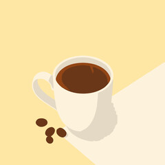 Obraz premium A white mug filled with dark coffee, with coffee beans scattered nearby, on a light yellow surface.