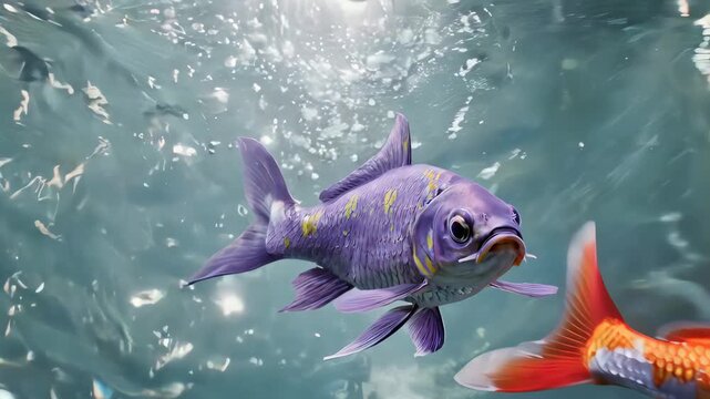 A purple koi with yellow spots swims past a red and white fish underwater