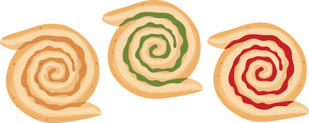 Three pinwheel cookies with different fillings: caramel, pistachio, and raspberry.