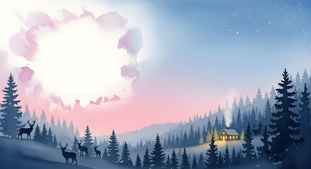 Peaceful winter forest landscape under glowing moonlight and Christmas sky