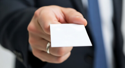 Close up of a hand holding out a blank business card.