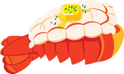 A delicious illustration of a cooked lobster tail topped with melted butter and chives.