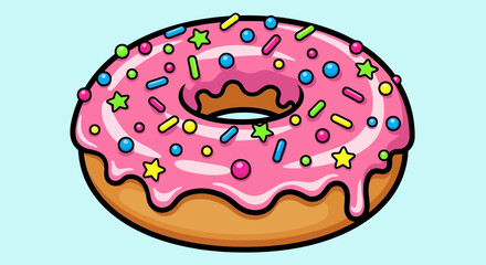 Pink Frosted Donut with Colorful Sprinkles Cartoon Illustration