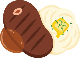 A delicious grilled steak served with creamy mashed potatoes topped with melted butter and chives, alongside roasted potatoes.