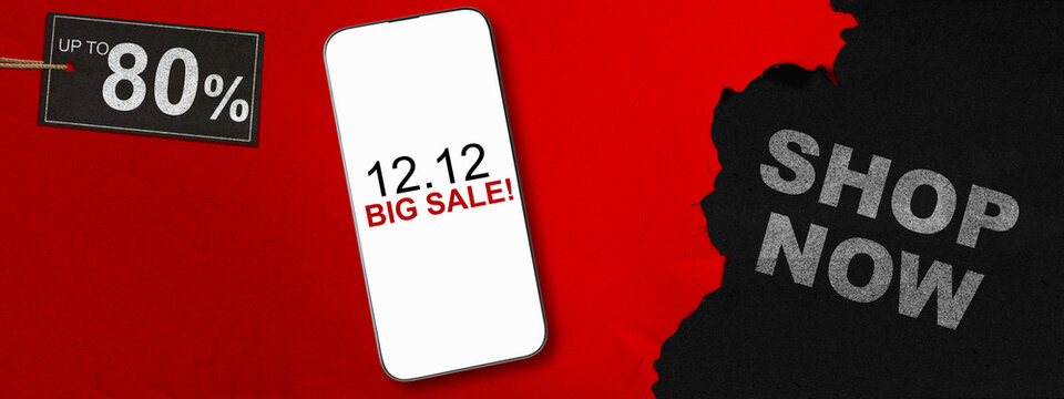 12.12 big sale text on cellphone screen with up to 80% text on the label tag. Copy space. Flash sale concept