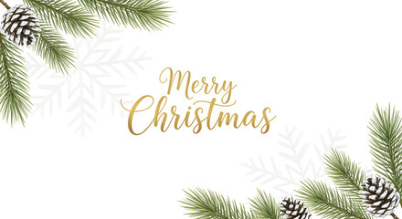Elegant Merry Christmas greeting card with pine branches and minimal white background