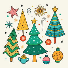 Stylish Christmas trees decorated with stars, lights, and ornaments, festive holiday vector illustration for seasonal cards and prints.