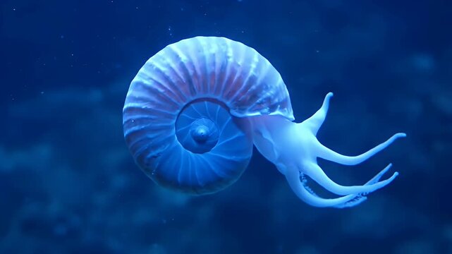 Mysterious Chambered Nautilus Gliding Through Deep Blue Ocean Depths