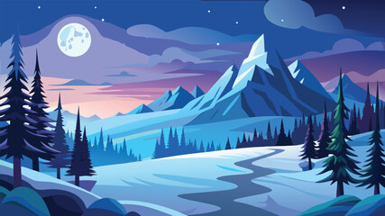 Beautiful snowy mountain landscape at twilight with colorful sky and frozen valley, serene winter vector illustration for background or poster design