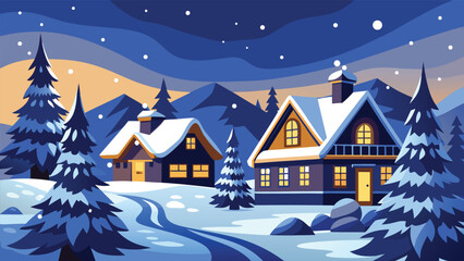 Cozy snow-covered village with glowing cabins at winter night, peaceful Christmas landscape vector illustration for holiday cards and wallpapers.