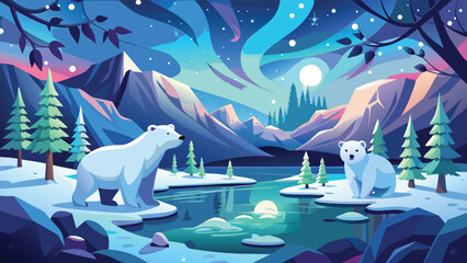 Majestic polar bears under aurora borealis in icy Arctic landscape, night sky reflection vector illustration for nature and winter backgrounds.