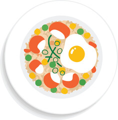 A vibrant illustration of a plate of fried rice with shrimp and a fried egg.