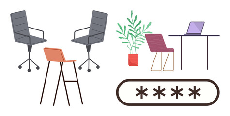 Office setup featuring ergonomic chairs, tall stool, desk, laptop, potted plant, and password field. Ideal for coworking, technology, security productivity innovation minimalism workspace