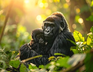 A gorilla and baby cuddle in the dappled sunlight of a lush forest