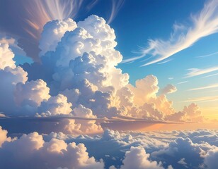 Beautiful cumulus clouds illuminated by the golden sunlight